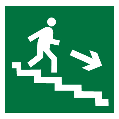 Знак E13 Направление к эвакуационному выходу по лестнице вниз (правосторонний) •ГОСТ 12.4.026-2015• (Пластик 150 х 150)