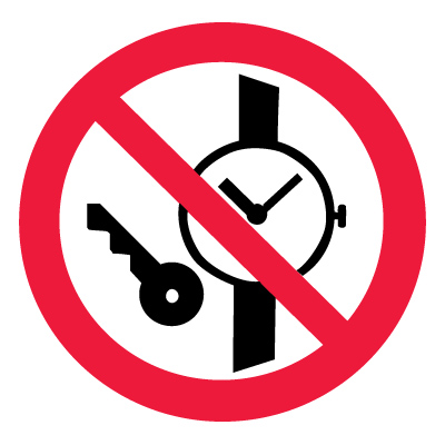 Знак P27 Запрещается иметь при (на) себе металлические предметы (часы и т.п.) (Пленка 150 х 150)