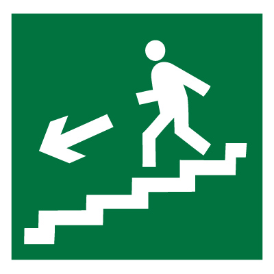 Знак E14 Направление к эвакуационному выходу по лестнице вниз (левосторонний) •ГОСТ 12.4.026-2015• (Пластик 150 х 150)