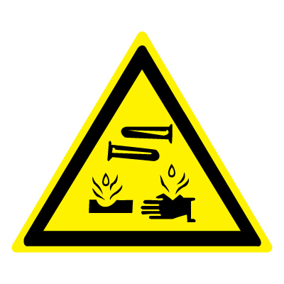 Знак W04 Опасно. Едкие и коррозионные вещества •ГОСТ 12.4.026-2015• (Пленка 200 х 200)