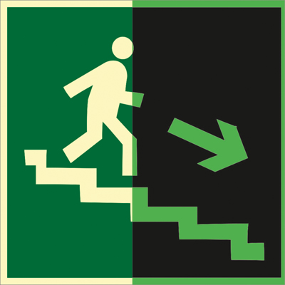 Знак E13 Направление к эвакуационному выходу по лестнице вниз (правосторонний) •ГОСТ 34428-2018• (Фотолюминесцентный Пленка 150 x 150)