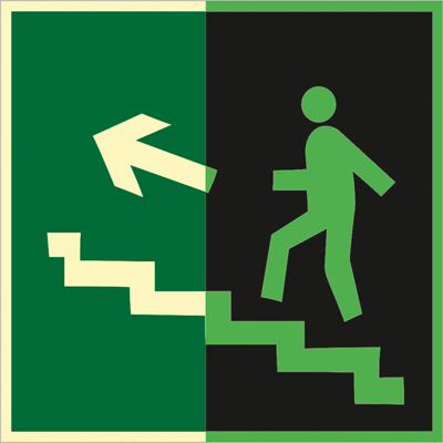 Знак E16 Направление к эвакуационному выходу по лестнице вверх (левосторонний) •ГОСТ 34428-2018• (Фотолюминесцентный Пленка 200 x 200)