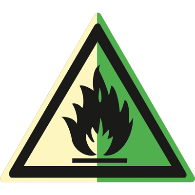 Знак W01 Пожароопасно. Легковоспламеняющиеся вещества •ГОСТ 34428-2018• (Фотолюминесцентный Пластик 200 x 200)