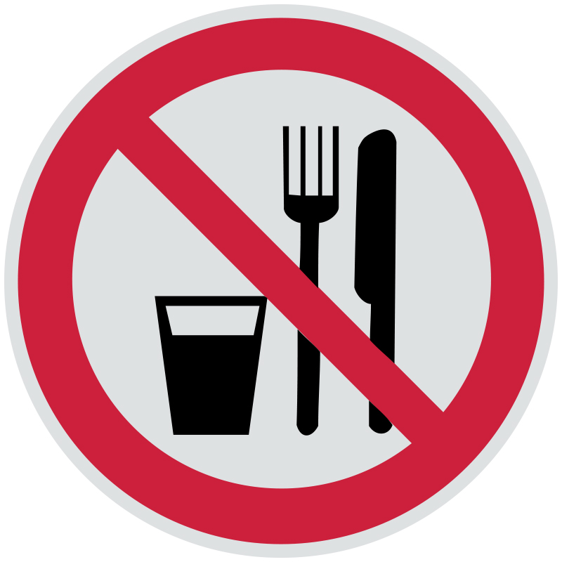 Знак P30 Запрещается принимать пищу •ГОСТ 12.4.026-2015• (Световозвращающий Пленка 200 х 200)