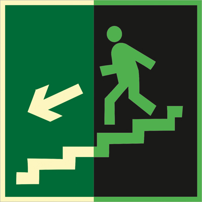 Знак E14 Направление к эвакуационному выходу по лестнице вниз (левосторонний) •ГОСТ 34428-2018• (Фотолюминесцентный Пленка 150 x 150)