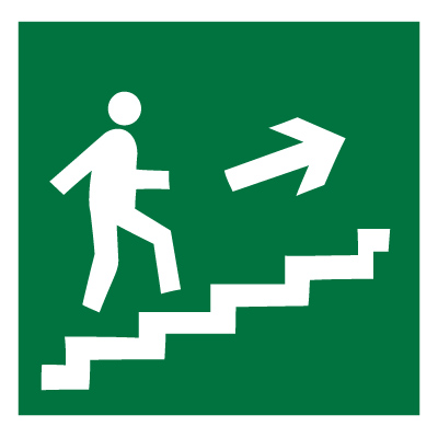 Знак E15 Направление к эвакуационному выходу по лестнице вверх (правосторонний) •ГОСТ 12.4.026-2015• (Пластик 200 х 200)