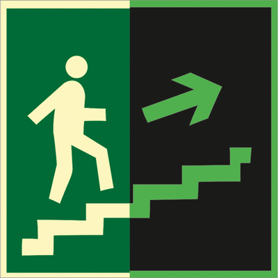 Знак E15 Направление к эвакуационному выходу по лестнице вверх (правосторонний) •ГОСТ 34428-2018• (Фотолюминесцентный Пластик 200 x 200)