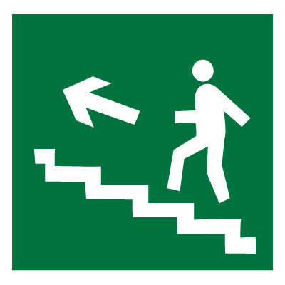 Знак E16 Направление к эвакуационному выходу по лестнице вверх (левосторонний) •ГОСТ 12.4.026-2015• (Пластик 200 х 200)