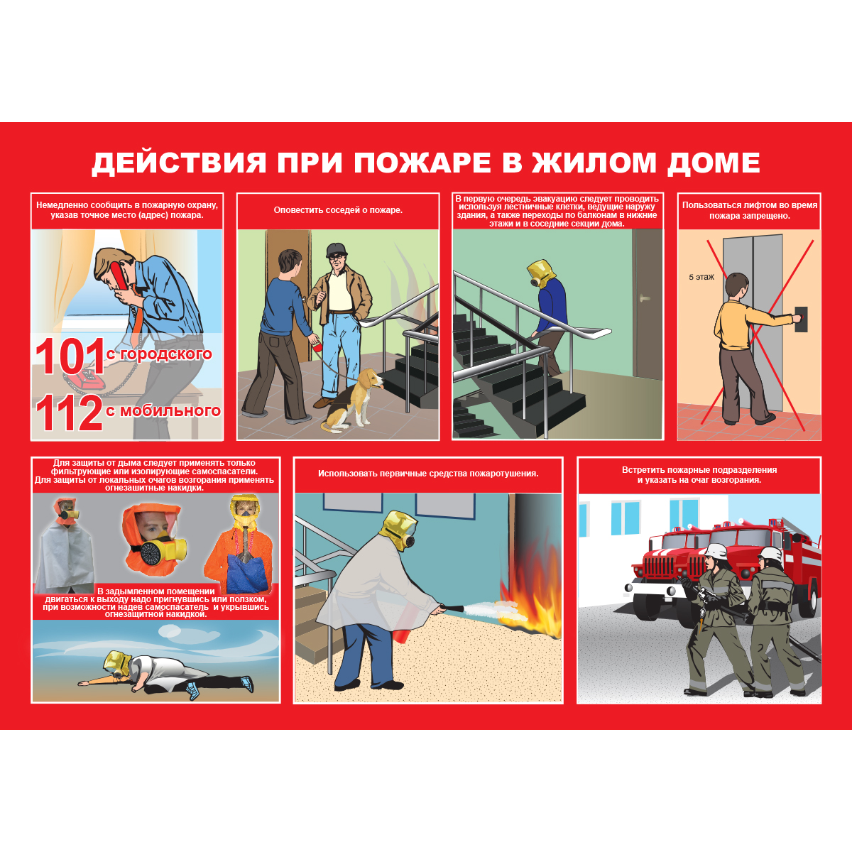 Плакат "Умей действовать при пожаре" (Пластик 2 мм,  к-т из 10 л.)