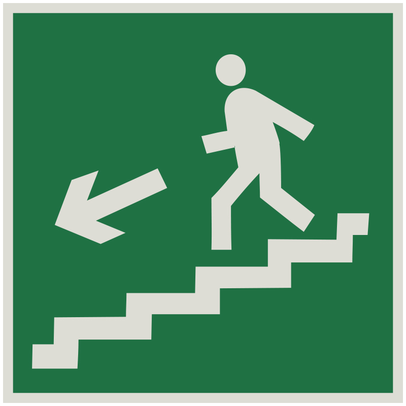 Знак E14 Направление к эвакуационному выходу по лестнице вниз (левосторонний) •ГОСТ 12.4.026-2015• (Световозвращающий Пленка 200 х 200)