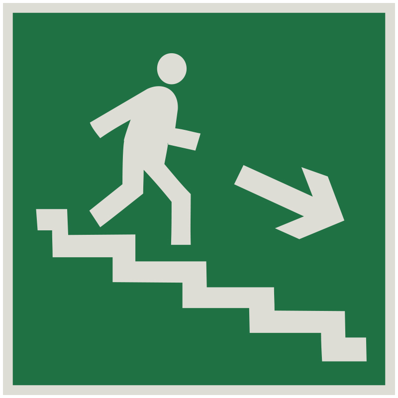 Знак E13 Направление к эвакуационному выходу по лестнице вниз (правосторонний) •ГОСТ 12.4.026-2015• (Световозвращающий Пленка 200 х 200)