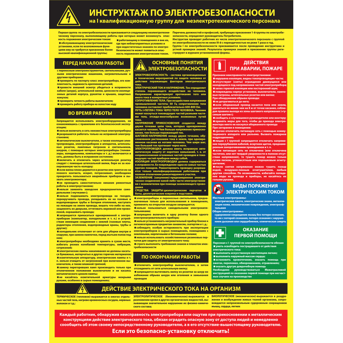Плакат "Инструктаж по электробезопасности на I-ю квалификационную группу для неэлектротехнического персонала" (Пластик 2 мм, 1 л.)