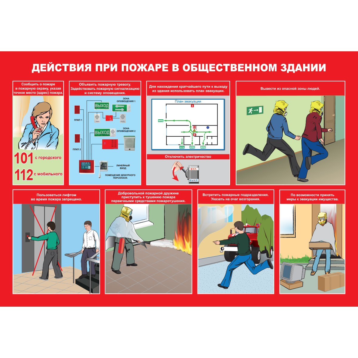 Плакат "Умей действовать при пожаре" (Пластик 2 мм,  к-т из 10 л.)