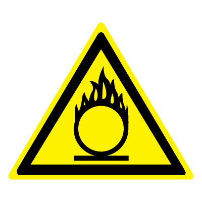 Знак W11 Пожароопасно. Окислитель •ГОСТ 12.4.026-2015• (Пленка 200 х 200)