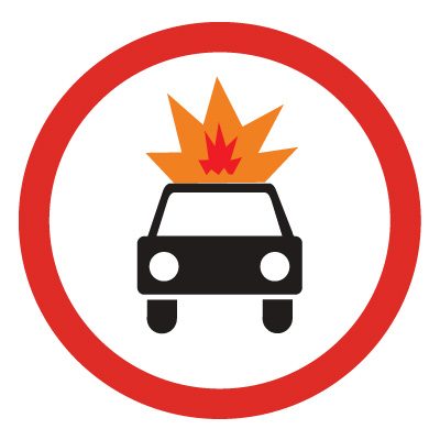 Дорожный знак 3.33 Движение транспортных средств с взрывчатыми и легковоспламеняющимися грузами запрещено (D=700) Тип В